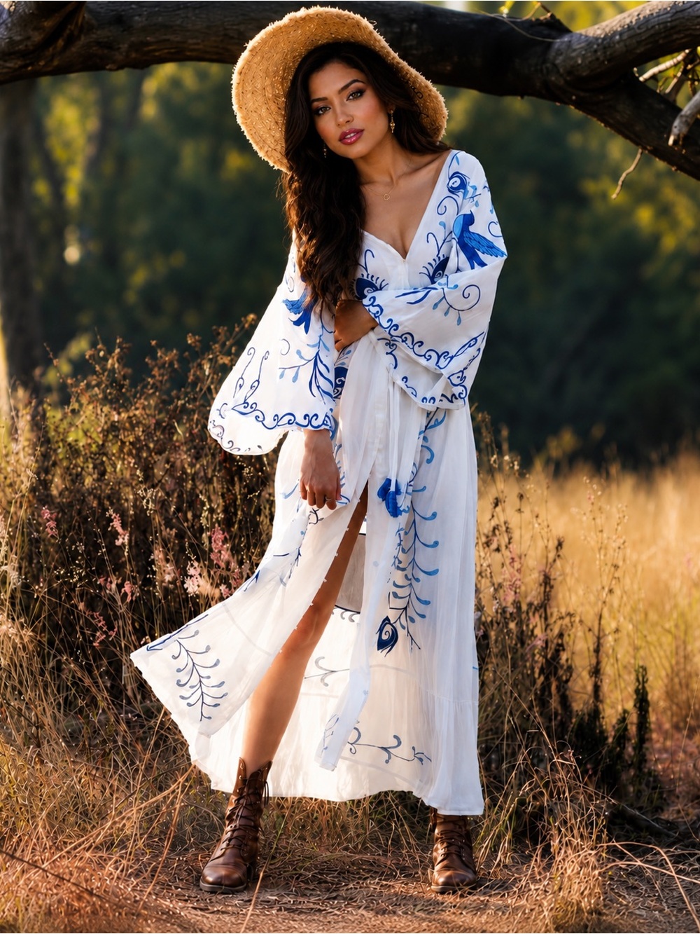 New White Blue Floral Embroidered Boho Maxi Dress Festival Wedding Maternity XL - Picture 6 of 11